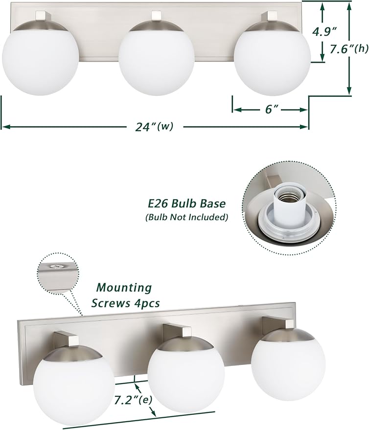 Bathroom Vanity Light Fixtures, 3-Light Globe Bathroom Lighting Fixtures Over Mirror, Modern Wall Lights for Living Room, Long Backplate, Standard E26 Base, Brushed Nickel