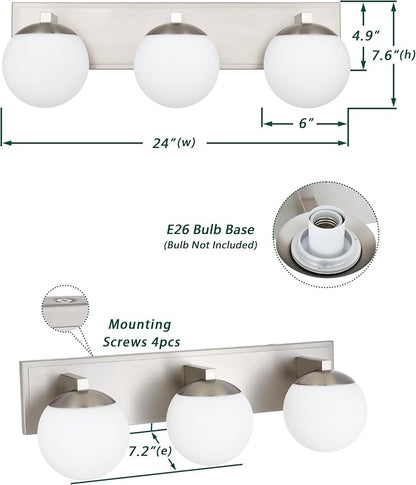 Bathroom Vanity Light Fixtures, 3-Light Globe Bathroom Lighting Fixtures Over Mirror, Modern Wall Lights for Living Room, Long Backplate, Standard E26 Base, Brushed Nickel