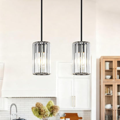 Modern Crystal Pendant Lights, Hanging Light Fixtures Mini Kitchen Island Pendant Lights Adjustable Crystal Chandelier Fixture for Island Dining Room Hallway Bedroom, Black 2-Pack