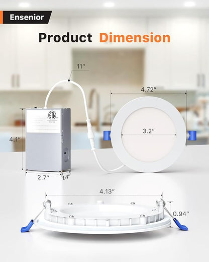 Ensenior 12 Pack 4 Inch LED Recessed Ceiling Light, Dimmable, 2700K-6000K 6CCT, 750LM 9W 120V, High Brightness Canless Wafer Downlight - ETL&FCC&IC