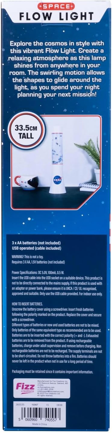 Fizz Creations NASA Inspired Space Flow Light. 13.2 inches Tall Mood Light Featuring Foil Space Icons. USB Powered with Included Cable. NASA Space Inspired Merchandise
