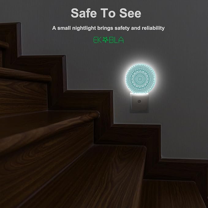 EKOBLA Mandala Plug-in Night Light, Teal Green Floral Mandala LED Nightlight with Dusk to Dawn Sensor for Kids, Adults & Grandparents