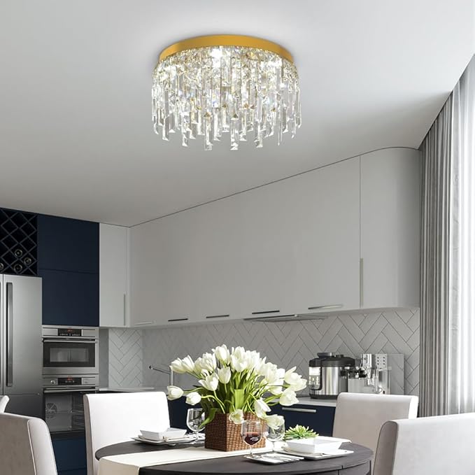 VETRULUS Gold Crystal Chandeliers for Dining Room 15.74" Round Luxury Flush Mount Crystal Ceiling Light Fixture Modern Chandelier for Bedroom Living Room Kitchen Island
