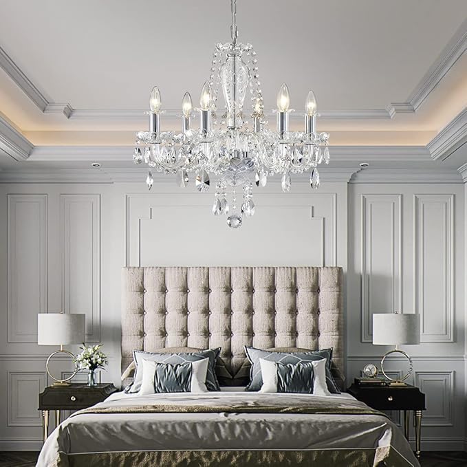 AGV LIGHTING Mid-Century Modern Chandeliers, Crystal Pendant Light Fixture, with 6-Lights, D22 x H20, Adjustable Chains 59", Chrome Finish