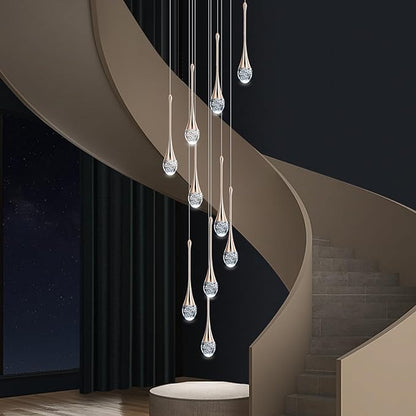 Modern Crystal Chandelier 9-Lights Gold, H98.5'' High Ceiling Spiral Dimmable LED Bubble Crystal Raindrop Light Fixture for Foyer Entryway Dining Room Remote Control