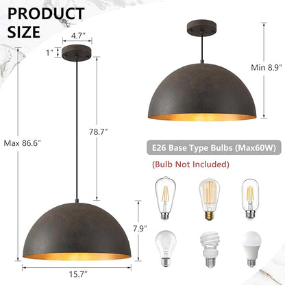 Farmhouse Pendant Light,15.7" Black with Brown Grain Industrial Dome Light Fixture,Adjustable Vintage Chandelier for Kitchen Island,Dining Room,and Bedroom