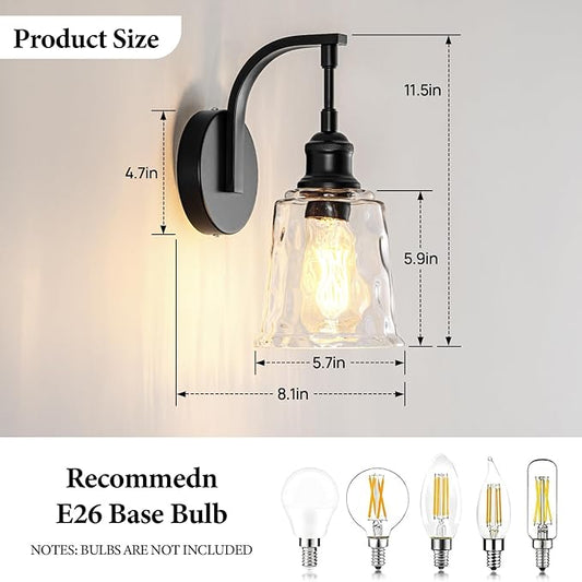 Blck Wall Sconce, Modern Matte Black Sconces Wall Lighting, Vintage Glass Light Fixtures for Bathroom Vanity Mirror Living Room Bedroom Kitchen Hallway Stairway E26 Hardwire