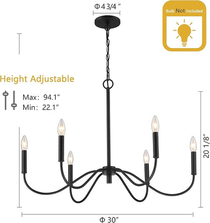 Farmhouse Black Chandelier Rustic Candle 6-Light Pendant Light 30 Inches Adjustable Height Ceiling Light Fixture for Living Room Kitchen Island Dining Room Bedroom Foyer