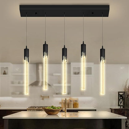 Flashing God 5-Lights Rectangular Pendant Lights for Kitchen Island Black Linear Crystal Chandelier Modern Chandeliers for Kitchen Island Dining Room