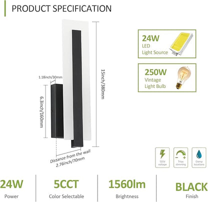 Tipace Hardwired Black Dimmable Modern LED Wall Sconce 2 Packs 3000K 3500K 4000K 5000K 6000K Indoor Wall Lights Up and Down Wall Mount Light for Living Room Bedroom Hallway Corridor(5CCT)