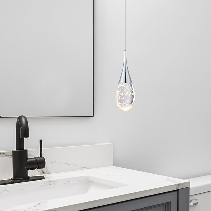 JoollySun Mini Crystal Pendant Light: 1-Light Teardrop Dimmable 3-Color(3000K-6000K) LED Pendant for Kitchen Island Bathroom - Polished Chrome