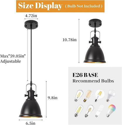 Black Pendant Light 2 Pack, Farmhouse Pendant Light, 6.5 inches Kitchen Island Lighting, Industrial Pendant Light Fixtures, Black Pendant Lights Kitchen Island Dining Room Bedroom