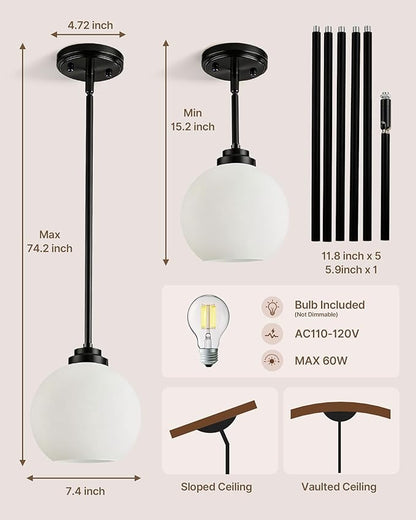 Majade Globe Pendant Lights Kitchen Island Pendant Light Fixtures 7.4 Inch Black Mid Century Modern Globe Pendant Lighting with Milk Glass Adjustable Hanging Light Fixtures for Dining Room living room