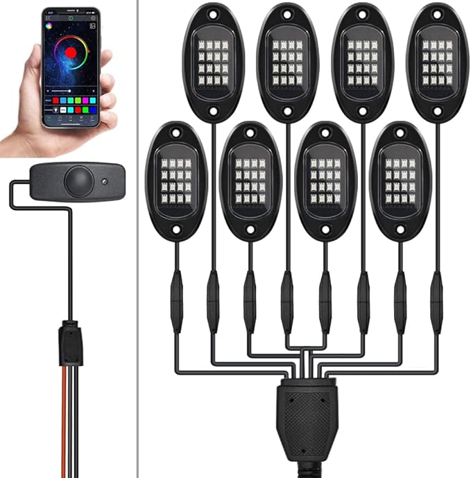 RGB LED Rock Lights for Trucks, 8 Pods Rock Lights with App/Remote Control/Music Mode, Multilcolor Neon Underglow Wheel Well Light for ATV Pickup Off Road RZR UTV Golf Car Trailer Boat