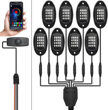 RGB LED Rock Lights for Trucks, 8 Pods Rock Lights with App/Remote Control/Music Mode, Multilcolor Neon Underglow Wheel Well Light for ATV Pickup Off Road RZR UTV Golf Car Trailer Boat