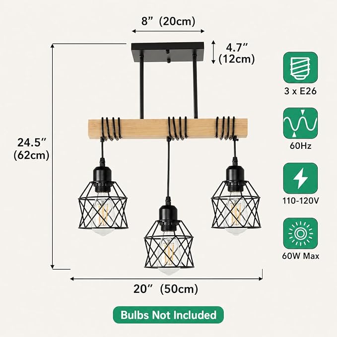 3 Light Farmhouse Ceiling Light,Pendant Light Kitchen Island,Dining Room Chandelier Light Fixture Over Table,Rustic Hanging Light for Kithen,Dining Room,Real Wood,Black Metal Cage