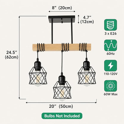 3 Light Farmhouse Ceiling Light,Pendant Light Kitchen Island,Dining Room Chandelier Light Fixture Over Table,Rustic Hanging Light for Kithen,Dining Room,Real Wood,Black Metal Cage
