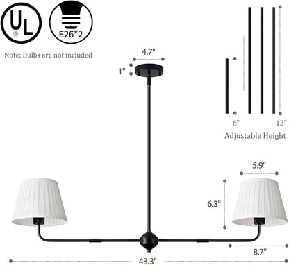 Black Linear Chandelier for Dining Room, 43.3" Modern Pendant Lighting with White Fabric Shade, Double Linear Dining Room Light Fixture Over Table for Kitchen Island Restaurant, E26 Base