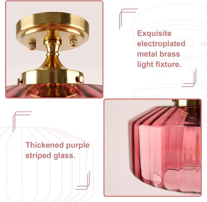2-Pack Purple Glass Flush Mount Ceiling Lights, Mid-Century Modern Gold Close-to-Ceiling Fixtures, E26 Base for Hallway, Bedroom, Bathroom Vanity, Closet, Laundry Room