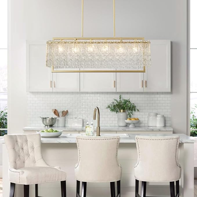 Shrine Lighting Gold Chandeliers, Modern Design, Rectangular Glass Chandelier for Living Space, L30'' × W10'' × H12'', Adjustable 78'', 6 x E12 Sockets, Glass LampShade & Brass Finish Frame