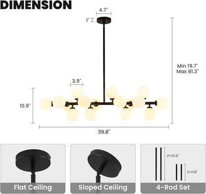 Modern Linear Chandeliers Black 16 Lights Pendant Light Fixtures Bubble Glass Chandelier Mid Century Sputnik Chandelier for Kitchen Island Dining Room