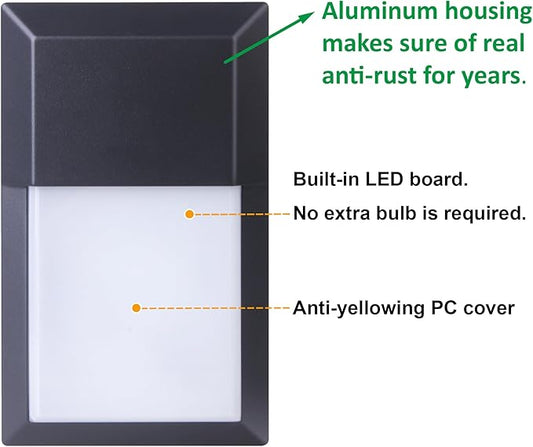 LIT-PaTH Outdoor LED Wall Lantern, Wall Sconce as Porch Lighting Fixture, 12W 1000 Lumens, Aluminum Housing Plus PC, 5000K Black Finish, 2-Pack