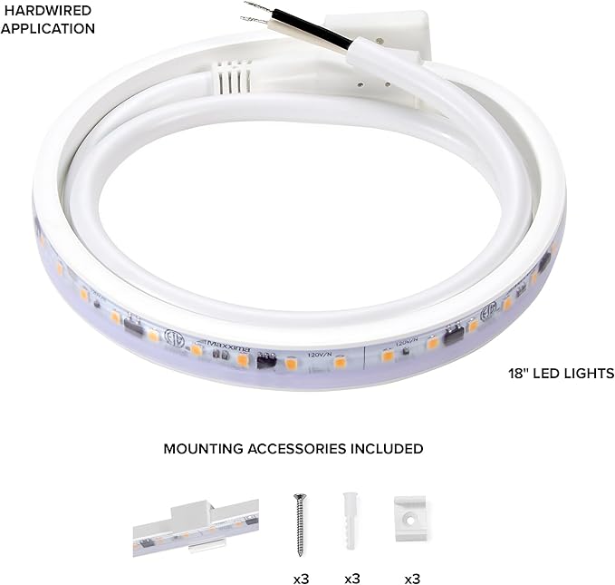 Maxxima 18 in. Hardwired LED Under Cabinet Strip Light, 690 Lumens, 3000K Warm White, Kitchen and Living Room 120V White Cove Lighting, No Power Supply Needed