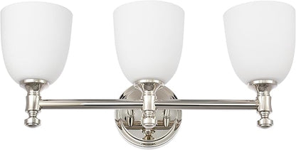 Bathroom Vanity Light, 3-Light Bathroom Light Fixtures Over Mirror, Traditional Vanity Lights for Living Room, Milk White Bell Glass Shades, Standard E26 Base, Polished Nickel