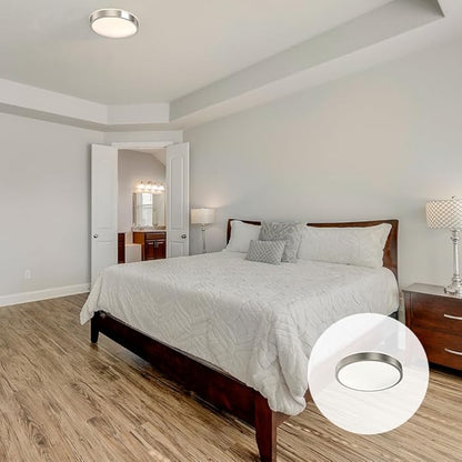 Juno 14 Inch Round LED Flush Mount Ceiling Light, Lacuna Series Low Profile Modern Ceiling Light Fixture, 5-in-1 Switchable White Color Temperature, Dimmable, Brushed Aluminum