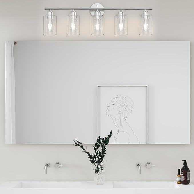 Bathroom Vanity Light Fixtures Brushed Nickel Bathroom Lighting Fixture, 5 Lights Bathroom Light Fixture Over Mirror, Modern Black Vanity Light, Wall Sconces with Glass Shades