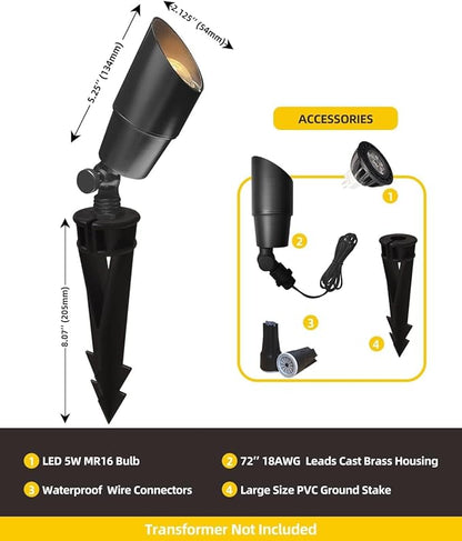 COLOER Brass Low Voltage Landscape Spotlight Fixture(Black) 4-Pack with Bulb,12V AC/DC Outdoor Spot Lights for Yard, Directional Garden Patio Spot Up Light(101B-Black)
