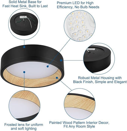 DAKASON 2Pack Black Ceiling Light Flush Mount, Modern LED Ceiling Light Fixture Dimmable with Metal Frame and Wood Painting, 12.5’’ 25W 3/4/5000K CCT Selectable for Kitchen Hallway Dining Living Room