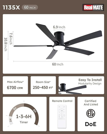 60 Inch Ceiling Fans with Lights and Remote, Black Low Profile Ceiling Fan, Flush Mount Style with 5 Blades, For Indoor Bedroom Living Room/Outdoor, 6 Speed Reversible DC Motor, 3CCT Dimmable LED