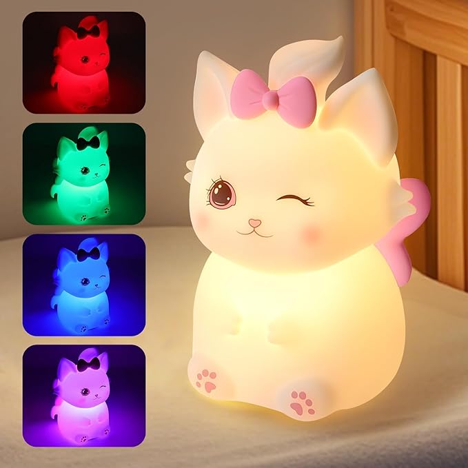 Cute Cat Night Light for Kids, 7 Color Changing & Dimmable, Super Squishy Silicone USB Rechargeable Lamp, Portable Nursery Light & Kawaii Gift for Baby, Boys, Girls & Adults, for Bedroom Decor