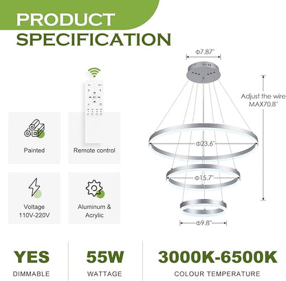 Benkut 3-Rings Modern LED Chandelier Silver Dimmable Pendant Lighting with Remote Control Circular Flush Mount High Ceiling Light for Dining Room Living Room Entrance Foyer, 3000K-6500K D23.6in