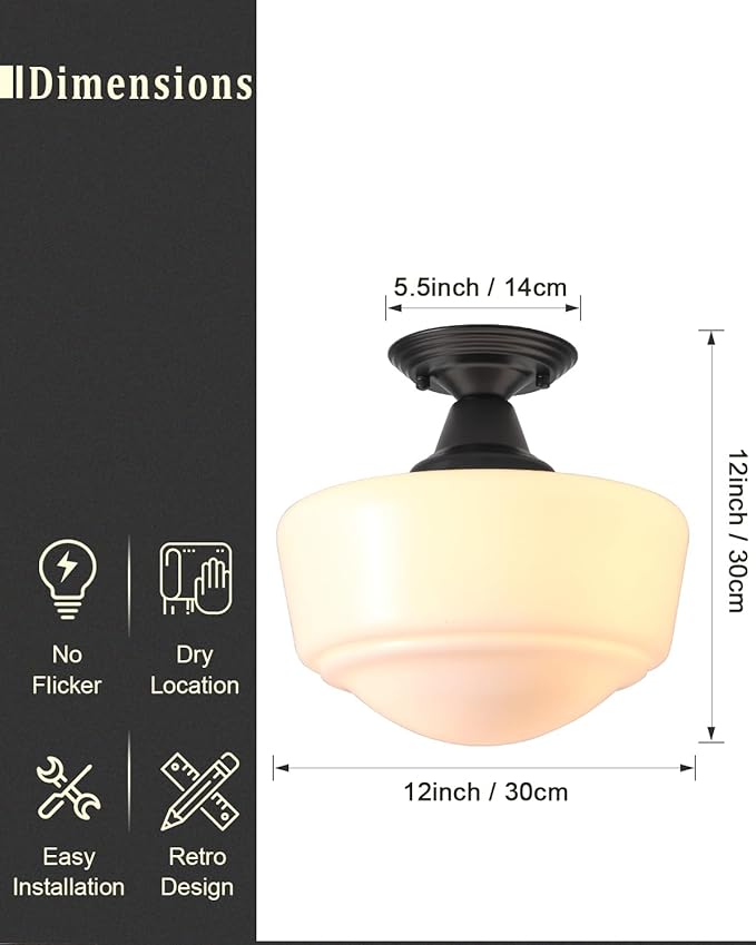 Schoolhouse Light Fixture, 12 Inch Black Finish with Milk Glass Semi Flush Mount Ceiling Light, Ceiling Light Fixture for Kitchen Hallway Entryway