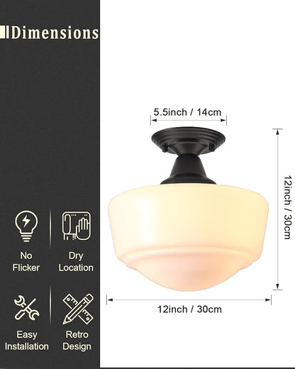 Schoolhouse Light Fixture, 12 Inch Black Finish with Milk Glass Semi Flush Mount Ceiling Light, Ceiling Light Fixture for Kitchen Hallway Entryway