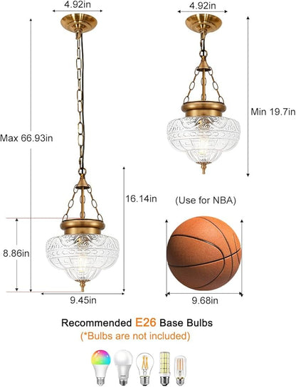 Vintage Pendant Light, Brushed Antique Brass Pendant Lights Kitchen Island with Unique Thickened Glass, Penant Lighting Fixtures with Adjustable Chain, Hanging Light Fixtures for Dining Room, Entryway