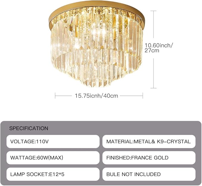 Modern French Gold Crystal Chandelier Ceiling Light,16" Semi Flush Mount 5-Lights 3-Tier Crystal Round Chandelier Light for Bedroom Living Room