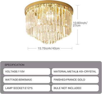 Modern French Gold Crystal Chandelier Ceiling Light,16" Semi Flush Mount 5-Lights 3-Tier Crystal Round Chandelier Light for Bedroom Living Room