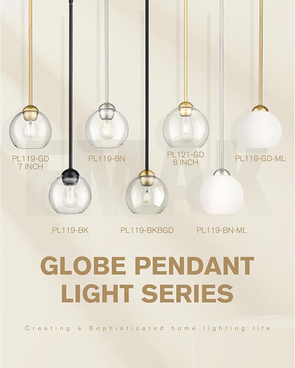 Emak 2 Pack Brushed Nickel Pendant Light Fixtures, 7 Inch Globe Pendant Lights with Clear Glass Shade, 1-Light Hanging Lights for Kitchen Island, Bathroom, Dining Room, PL119-BN-2PK