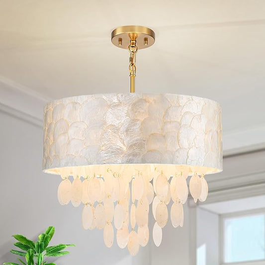 LumFurn 4-Light Drum Capiz Shell Chandeliers, Coastal Style Pendant Light Fixture for Dining Room, Living Room, D18 x 21~68"(Adjustable Height), Shell Lampshade & Gold Finish