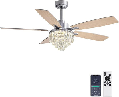 LUDOMIDE Chandelier Ceiling Fan, 52 Inch Crystal Ceiling Fan with Light, 3CCT, 6-Speed, 5-Blade Noiseless Reversible DC Motor, Remote Control, Modern Indoor Fandelier for Living Room