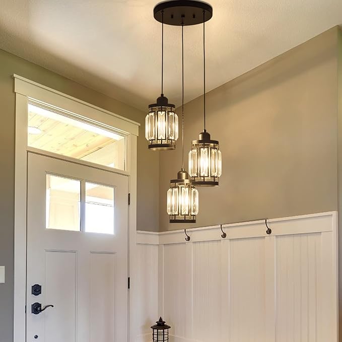 3 Light Farmhouse Pendant Light Adjustable Ceiling Hanging Lighting Fixture with K9 Crystals for Kitchen Restaurant Cafe Dining Room Island Light Black