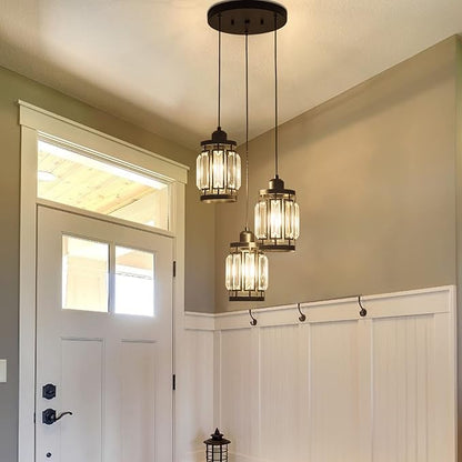 3 Light Farmhouse Pendant Light Adjustable Ceiling Hanging Lighting Fixture with K9 Crystals for Kitchen Restaurant Cafe Dining Room Island Light Black