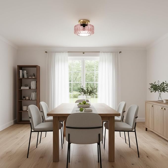 Pink Ribbed Glass Flush Mount Ceiling Light, 8.66" Modern Gold Semi-Flush Mount Light Fixture, Mid-Century Round Ceiling Lamp with E26 Base for Bedroom Bathroom Hallway