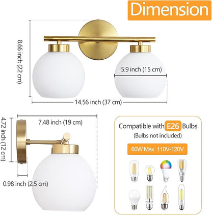 2 Light Bathroom Vanity Light, Gold Bathroom Light Fixtures Over Mirror, Mid Century Modern Wall Sconce with Frosted Globe Glass Shades, Brass Vanity Light, E26 Socket