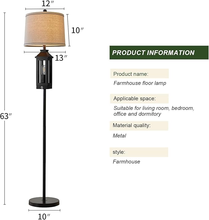 G-SAFAVA 63" Floor Lamps for Living Room Bedside Nightstand Lamp All Black Tall Standing Lamp for Home Decor Bedroom Reading Lamp Farmhouse Rustic Bed Lights with 2 Light Sources (2 Bulbs)