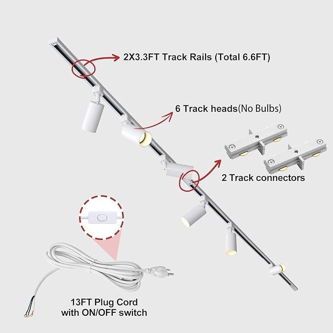 Plug in Track Lighting with Power Cord, 6-Light GU10 Track Lighting Kit with 6.6FT H Type Track Lighting Rails, Modern Kitchen LED Track Lighting Fixtures Ceiling Spot Light, White (No Bulbs)