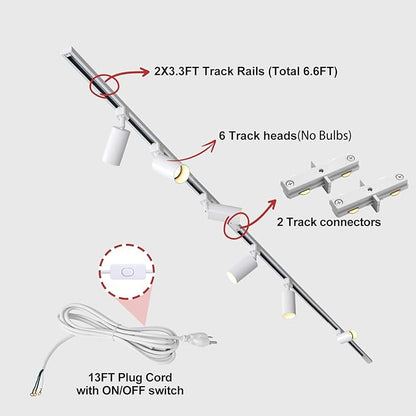 Plug in Track Lighting with Power Cord, 6-Light GU10 Track Lighting Kit with 6.6FT H Type Track Lighting Rails, Modern Kitchen LED Track Lighting Fixtures Ceiling Spot Light, White (No Bulbs)